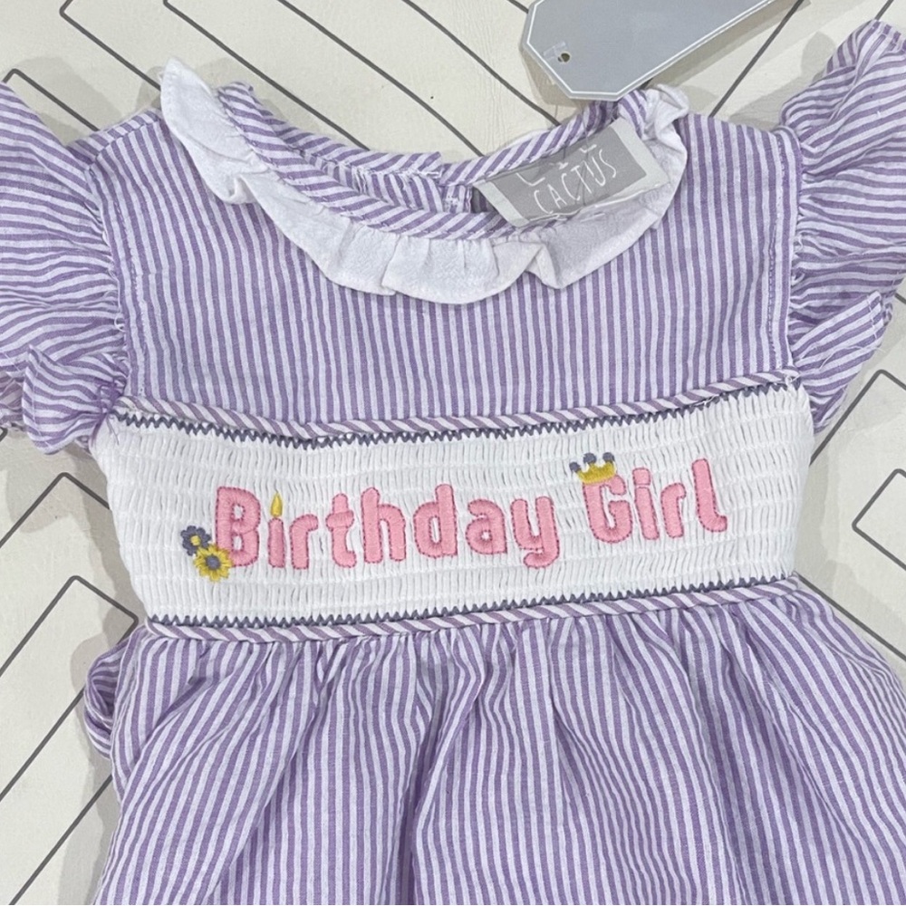 NWT Lil Cactus Seersucker "Birthday Girl" Smocked Dress